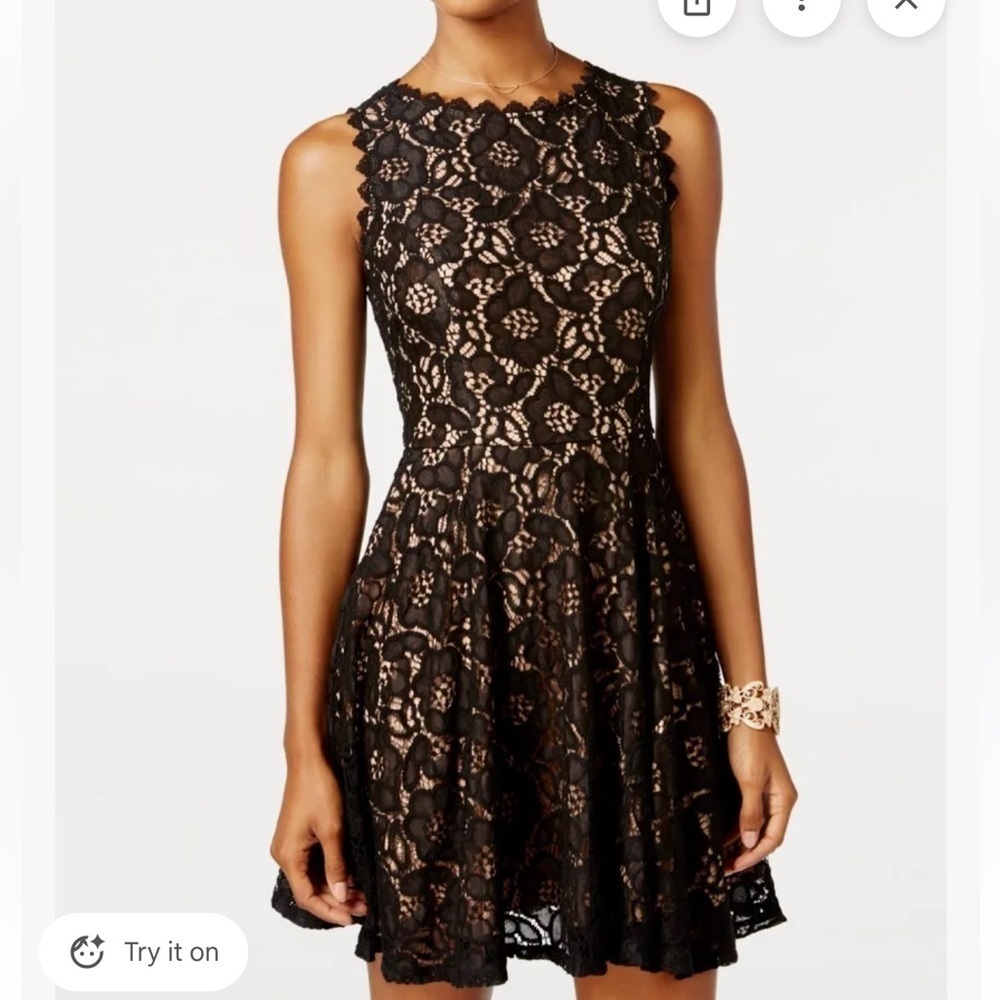 City Studio Juniors Black Cream Lace Crochet Sleeveless Skater Mini Dress Sz 1